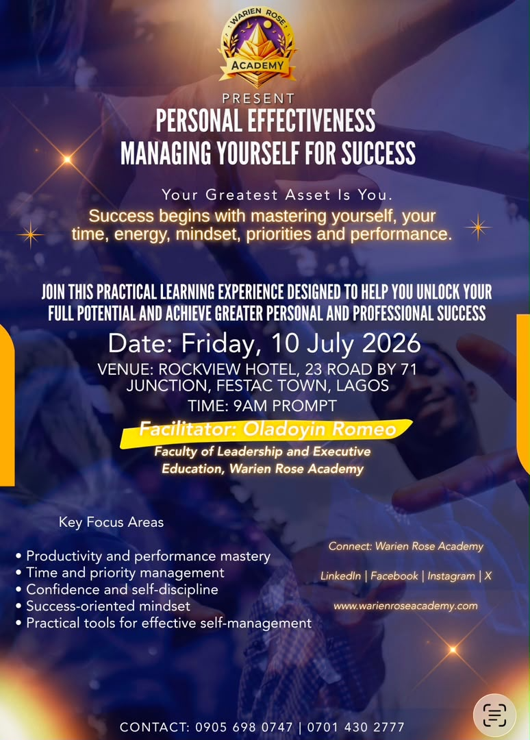 Personal Effectiveness: Managing Yourself for Success programme flyer, facilitated by Oladoyin Romeo
